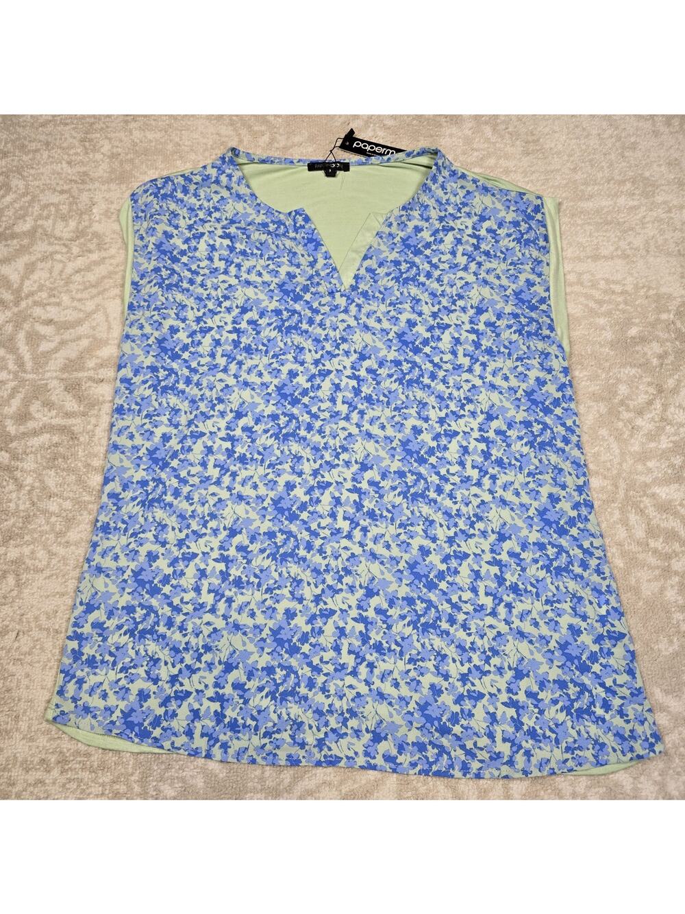 Papermoon Shirt Women's Small Petite Reece Floral Short Sleeve V Neck Green NWT